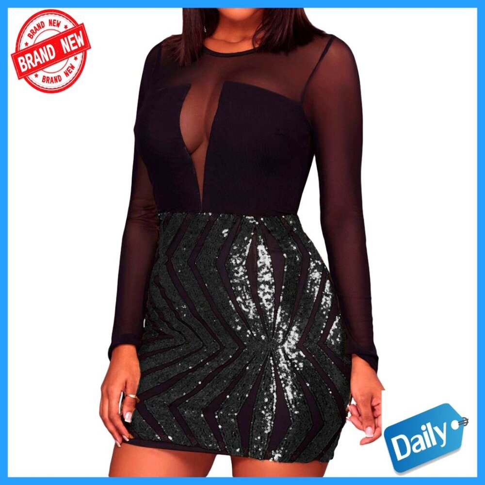 Sheer Mesh Long Sleeve Sequin Dress Plus Size Club Night Out Y2K